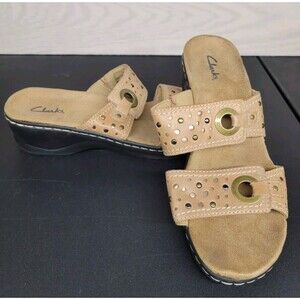 Clark’s Women's Size 8.5 Leather Sandals Two Strap Comfort Brown Slip On